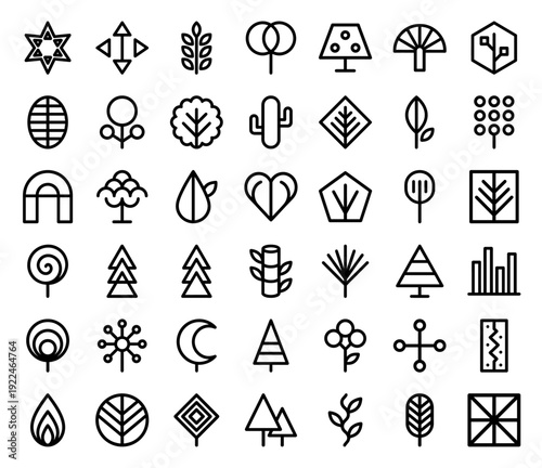 Abstract nature symbols and geometric tree icons for eco-branding. Professional monoline pictograms featuring sustainable growth and organic environmental concepts.