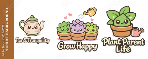 Cute kawaii cartoon illustrations featuring a teapot with succulent plants and smiling faces for tshirt designs