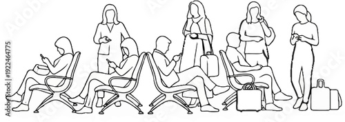 Sketch of people sitting and standing in a waiting area with luggage