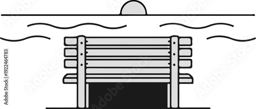 Simple illustration of a park bench facing a calm body of water
