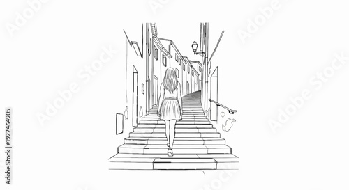 Sketch of woman in short skirt climbing stone stairs in old town