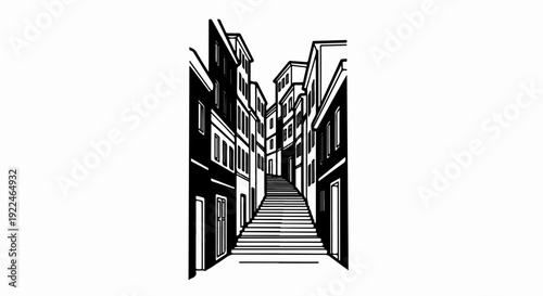 Steep staircase leads through narrow buildings to an unknown destination