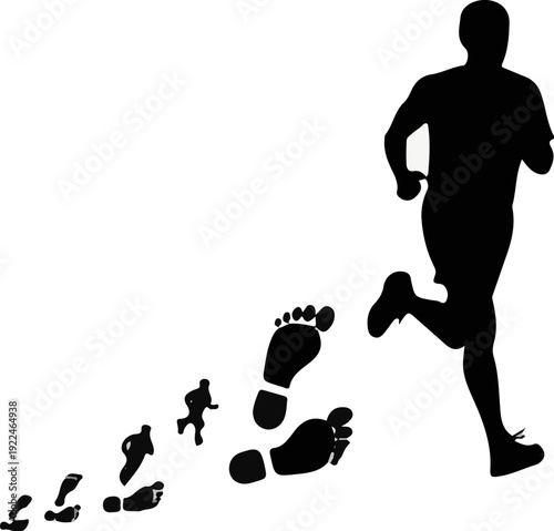 Silhouette of a runner's progression, from footprints to full stride