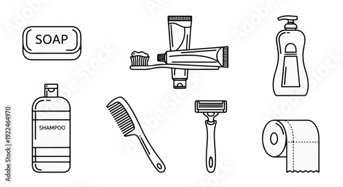 Simple line art icons for personal hygiene soap, shampoo, toothpaste, toothbrush, comb, razor, toilet paper