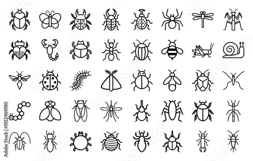 Insects and creepy crawlers line art for educational biology materials. Professional monoline icons featuring diverse bugs, arachnids, and garden pests.