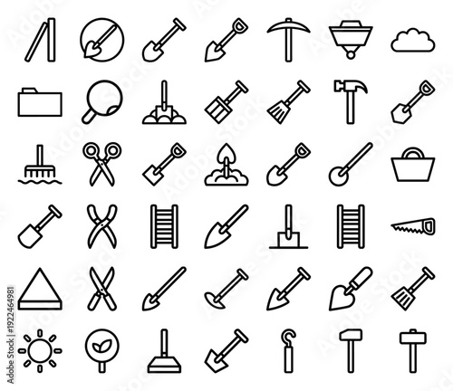 Professional gardening and landscaping tool icons featuring monolinear construction equipment for agriculture, horticulture, and construction site planning.