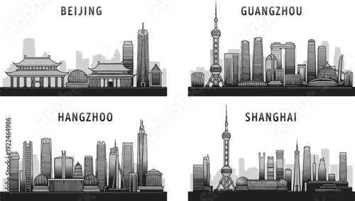 Sketchy skylines of four major Chinese cities in black and white