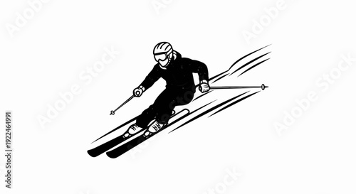 Skier in black suit with helmet and goggles skiing downhill