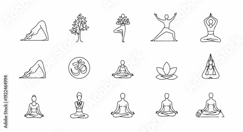 Simple line art icons of yoga poses, a tree, and a lotus flower