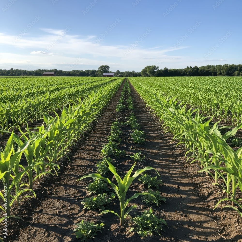 Fototapeta premium Lush Cornfield Rows Stretching to the Horizon on a Sunny Day.