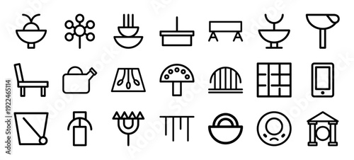 Abstract geometric monoline pictograms for architectural modeling and urban planning. Minimalist chunky line art elements for schematic diagrams and structural design.