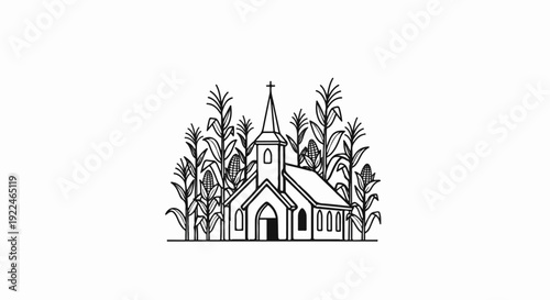 Simple line art of a church nestled amidst tall corn stalks