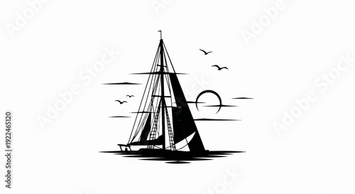 Silhouette of a sailboat with birds flying under a crescent sun