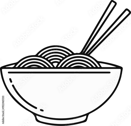 Simple line art of a bowl of noodles with chopsticks