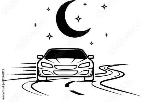 Sleek car cruises down winding road under crescent moon and stars