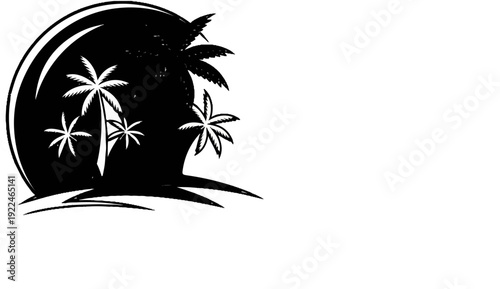 Stylized black and white graphic of a tropical sunset with palm trees