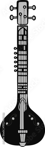 Stylized black and gray Indian string instrument with frets and tuning pegs