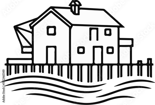 Stilted building with crane and water waves, black outline illustration