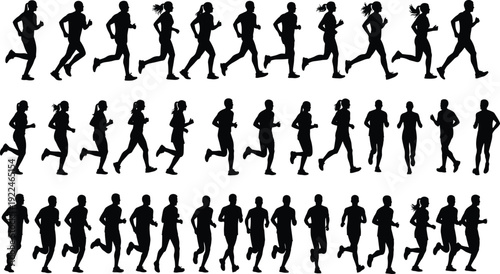 Running silhouettes, athletic figures, male and female runners, human motion, fitness exercise, sports training, jogging posture, biomechanics study, dynamic movement, athlete illustration