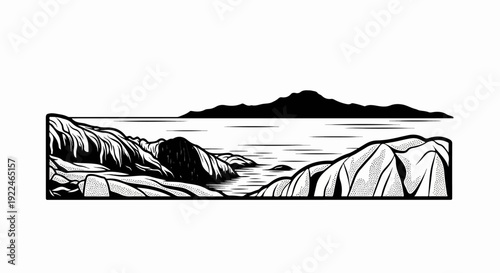 Stylized black and white graphic of a rocky coastline meeting the ocean and distant hills