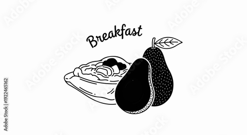 Simple line art of a breakfast bowl and avocados with the word Breakfast