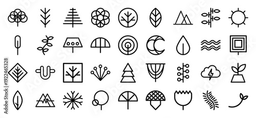 Nature and botanical elements in a minimalist geometric monoline style. Professional linear pictograms featuring trees, leaves, mountains, and weather symbols for eco-branding.