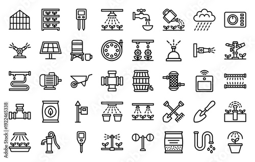 Smart irrigation systems and sustainable agriculture technology icons. Professional monoline pictograms for greenhouse management and garden automation solutions.