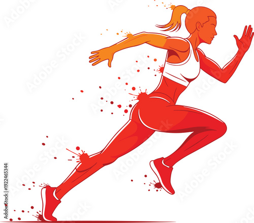 Running woman illustration in dynamic sprint pose, athletic female jogger with orange splash effect, fitness cardio and marathon sports training. (20 words)