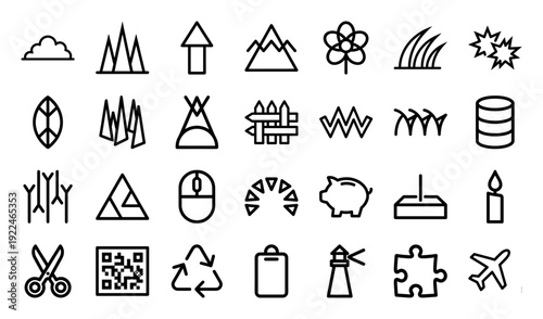 Abstract monoline pictograms for environmental sustainability and creative workflow. Heavyweight line art featuring nature elements and navigation symbols.