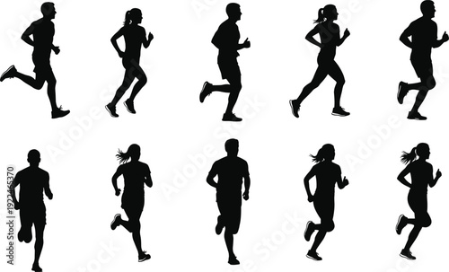 Running silhouettes, athletic motion, male and female runners, sports training, fitness exercise, human movement, dynamic posture, jogging figures, biomechanics study, athletic illustration