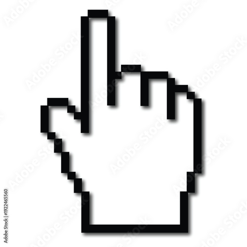 A black and white pixelated image of a pointing hand icon