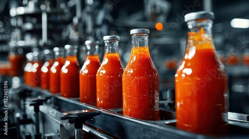 Rows of red sauce bottles moving on a factory conveyor belt. Perfect for themes of food processing, industry, and efficiency.