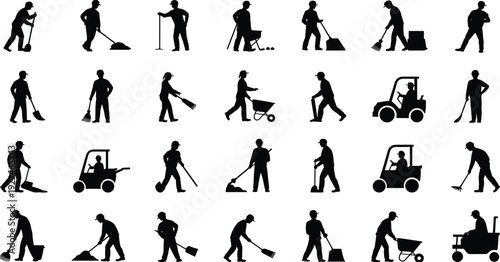 Construction worker silhouettes, manual labor tools, wheelbarrow and shovel illustration, machinery operator art, landscaping profession concept, workforce diversity design