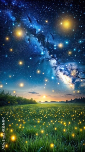 field of fireflies under starry night sky
