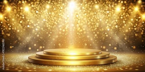 Glittering gold abstract background with a stage and podium in the center