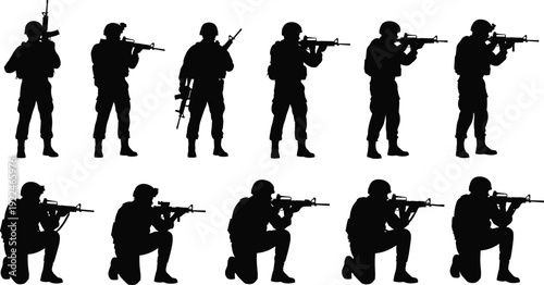 Silhouette of armed soldiers in tactical positions, military team aiming rifles, combat stance collection isolated on white background