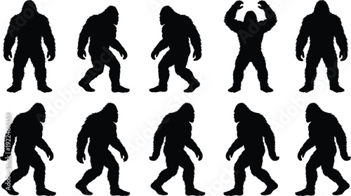 Bigfoot silhouette collection with sasquatch walking and standing poses isolated on white background, detailed cryptid character shapes for folklore and mystery design