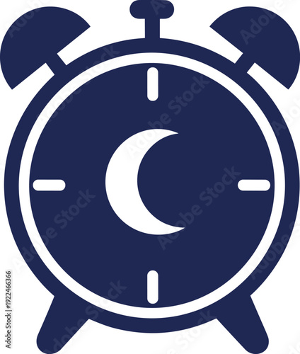 Dark blue crescent moon alarm clock vector icon with bells, nighttime sleep symbol, bedtime timer illustration, and organized design for rest, relaxation, and time management concepts