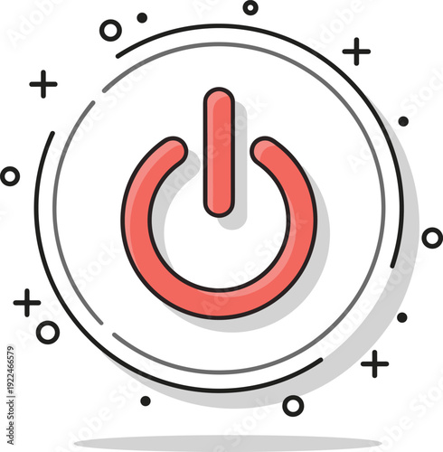 Red circular power button vector icon with vertical line, modern decorative elements, technology symbol for control, activation, energy, and electronic device interface design
