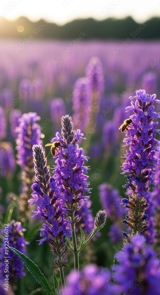 Naklejka premium Lavender field at sunset with bees collecting pollen.