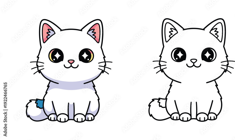Fototapeta premium Cute kawaii white cat cartoon vector illustration with black and white line art coloring page version