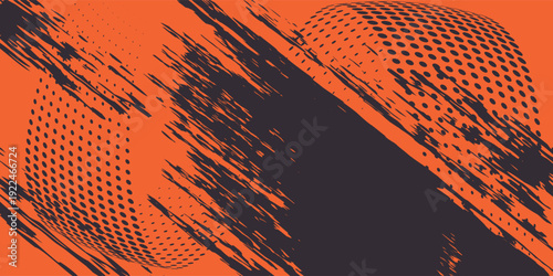 Orange and black grunge urban background with dry rough texture and halftones pattern. Hand drawn punk vector retro banner