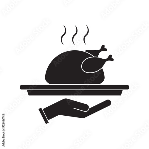 vector flat icon of waiter's hand with grilled chicken on a tray