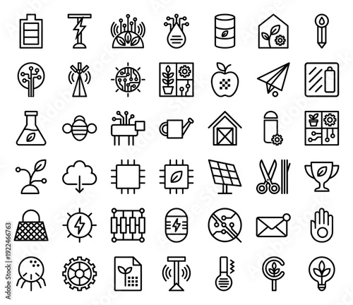 Sustainable agritech and green energy innovation icons featuring smart farming, renewable power, and bio-engineering monoline pictograms.
