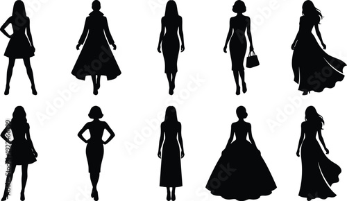 Elegant women silhouette set in stylish dresses and fashion poses isolated on white background, female figure collection for glamour, boutique and clothing design
