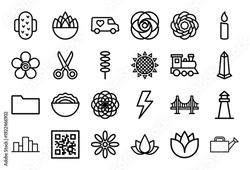 Eclectic monoline symbols for lifestyle branding and environmental infographics featuring floral patterns, urban transport, and botanical elements in a clean geometric style.