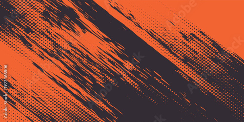 Orange and black grunge urban background with dry rough texture and halftones pattern. Hand drawn punk vector retro banner