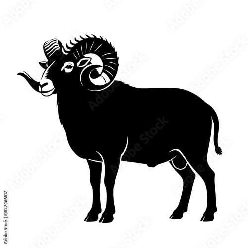 Black Silhouette of a Ram with Large Curled Horns on a White Background