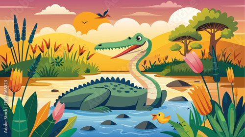 Cute crocodile in river at sunset with colorful savanna landscape, trees, flowers and birds in playful flat cartoon style