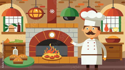 Smiling chef cooking pizza in traditional kitchen with brick oven fire and fresh bread on wooden table in flat cartoon style